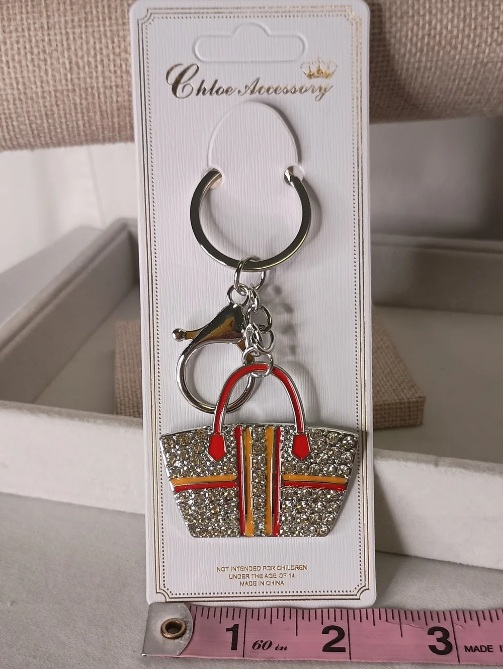 Women's Rhinestone Orange Handbag Purse Keychain | SILVER Tone Bag Charm Orange
